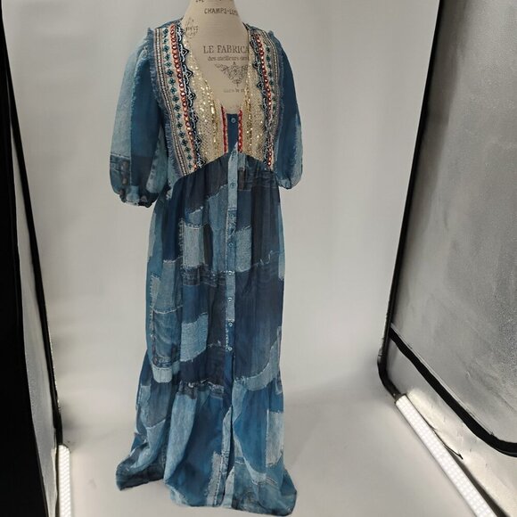 LONG DRESS WITH THREE QUARTER SLEEVES IMITATION DENIM PATCHES WITH SEQUIN - Picture 12 of 13